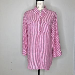 Lauren Ralph Lauren Pink White Striped Linen Button Front 3/4 Sleeve Tunic Top L